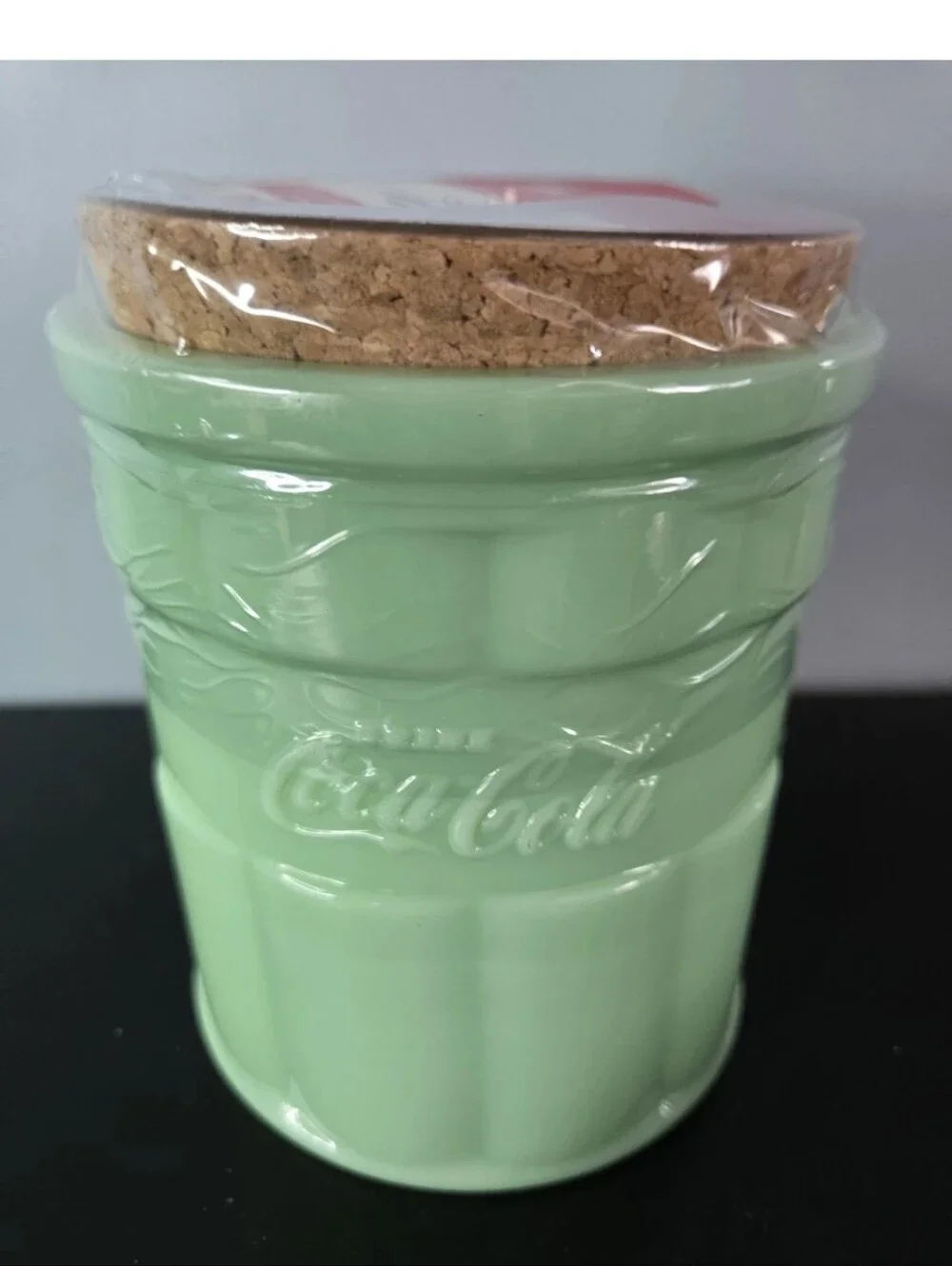 Green Jadeite Coca-Cola Glass Kitchen Canister New/Sealed 24oz w Cork Lid
